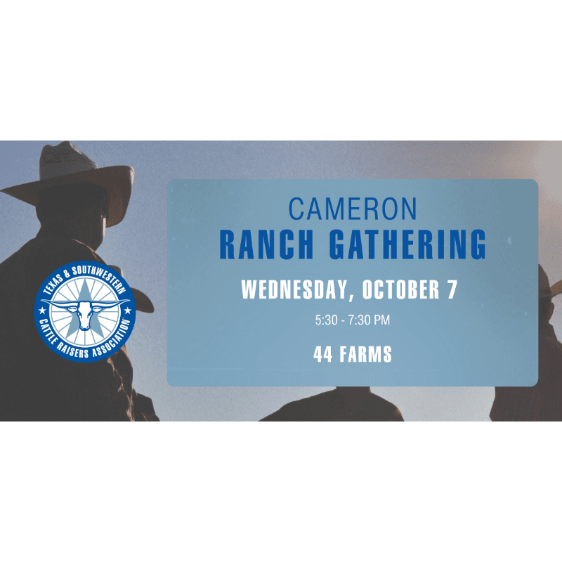Silhouetted figures in cowboy hats stand in the foreground against a hazy sky, with a blue banner announcing the "Cameron Ranch Gathering" in the background.