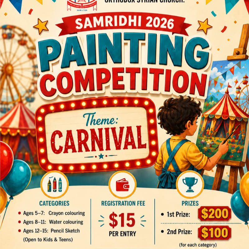 A young boy paints a carnival scene in the foreground, with colorful Ferris wheels and tents in the background.