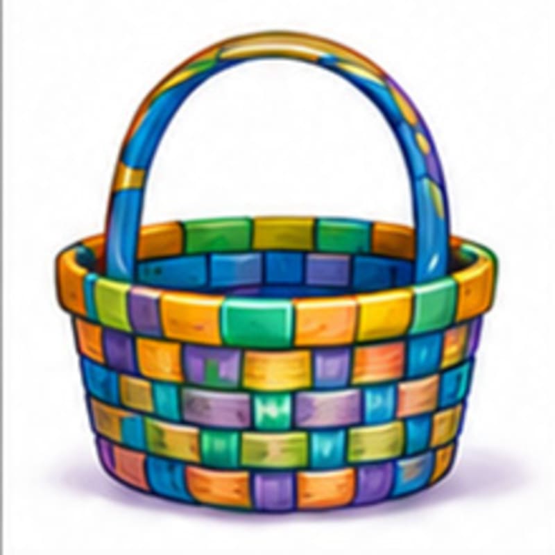 A colorful woven basket with a blue handle sits on a white background.