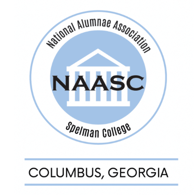 A circular logo for the National Alumnae Association of Spelman College, featuring a building silhouette and the acronym NAASC, is presented above the text "COLUMBUS, GEORGIA".