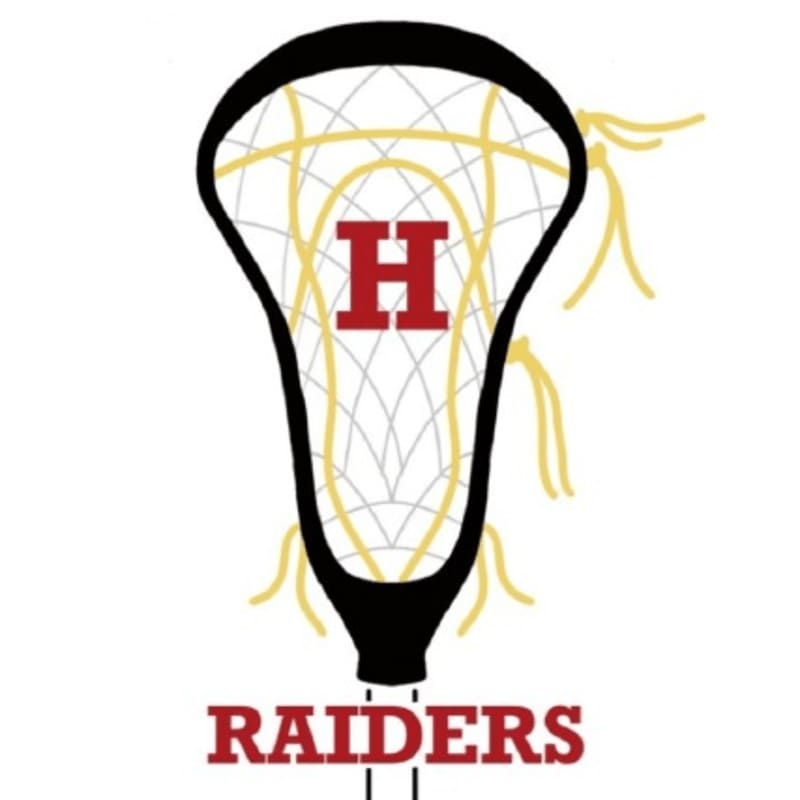 A lacrosse stick with a red "H" in the netting is centered against a white background, with "RAIDERS" written below.