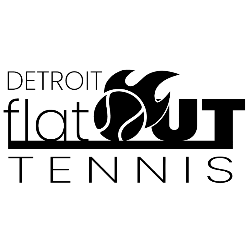 A black and white logo for "Detroit Flat Out Tennis" features a tennis ball with flames in the foreground, set against a plain background.