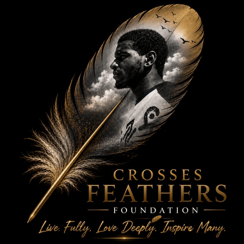 A golden feather quill in the foreground contains a portrait of a man against a cloudy sky with birds, while the background displays the "Crosses Feathers Foundation" logo and a motivational quote.