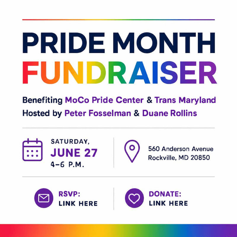 A colorful Pride Month fundraiser announcement for MoCo Pride Center & Trans Maryland is displayed against a white background, with a rainbow gradient at the top and bottom.