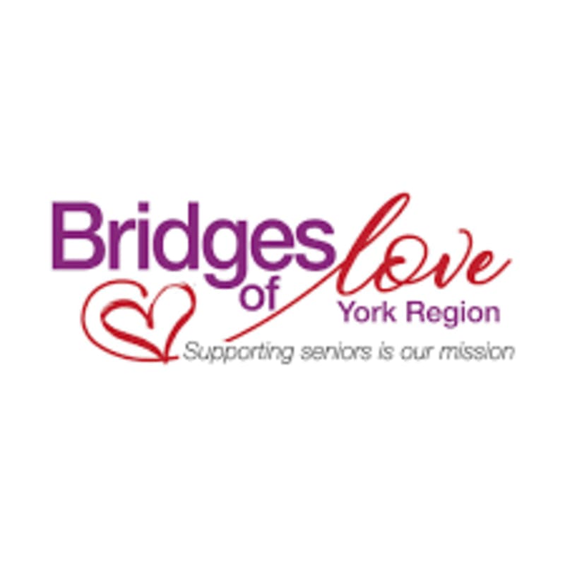 A stylized heart with the words "Bridges of love York Region" and "Supporting seniors is our mission" are displayed on a white background.