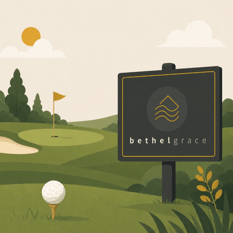 A golf ball sits on a tee in the foreground, with a sign and a golf course in the background under a cloudy sky.