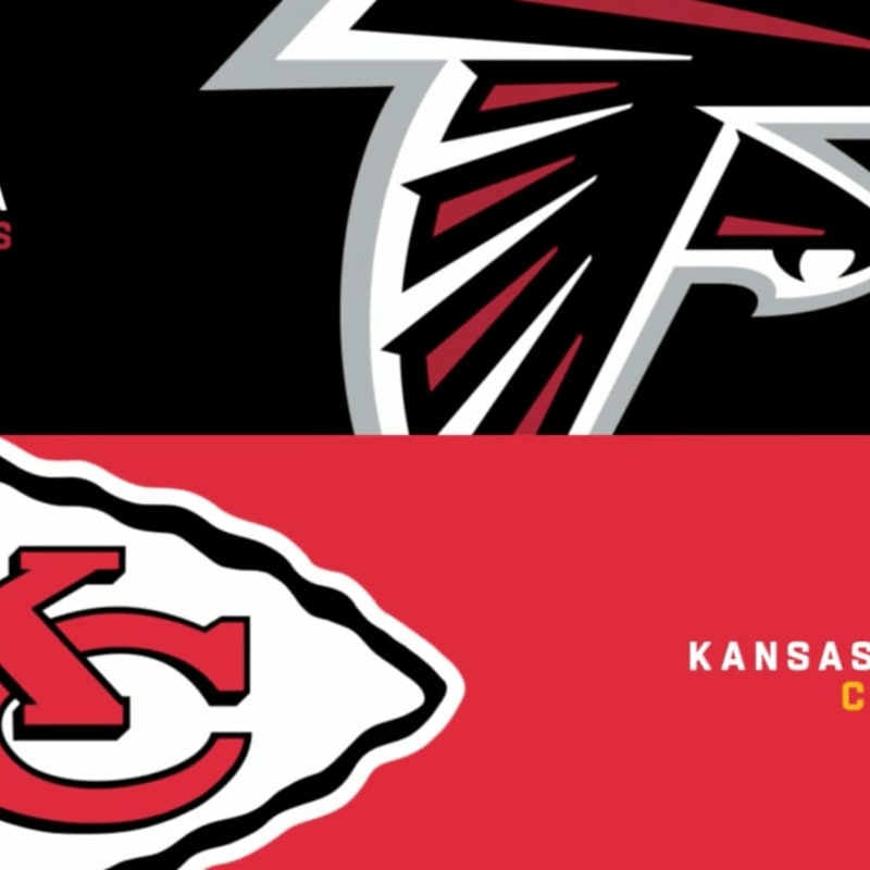 The foreground features the red and white logo of the Kansas City Chiefs, while the background displays the black, white, and red logo of the Atlanta Falcons.
