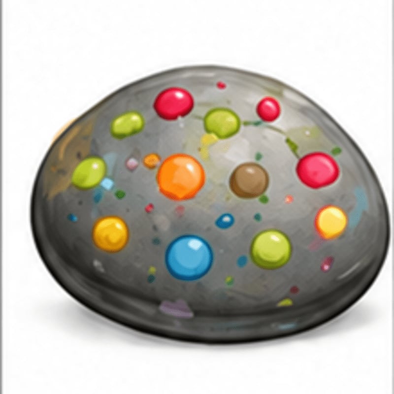 A smooth, gray stone is adorned with colorful, glossy dots of paint, set against a plain white background.