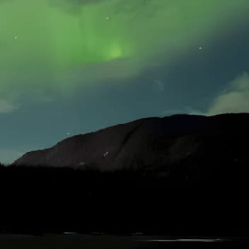 A brightly lit boat floats on dark water in the foreground, while the aurora borealis glows green in the night sky above a silhouetted mountain range and trees in the background.