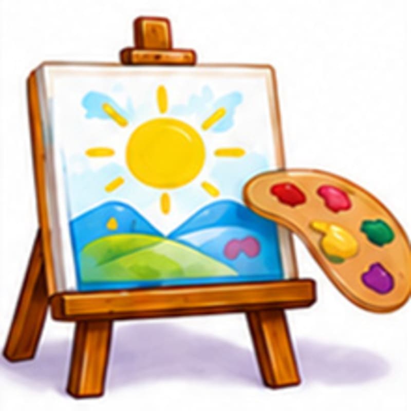 A wooden easel displays a colorful painting of a sun over rolling hills, with a palette of paints beside it.