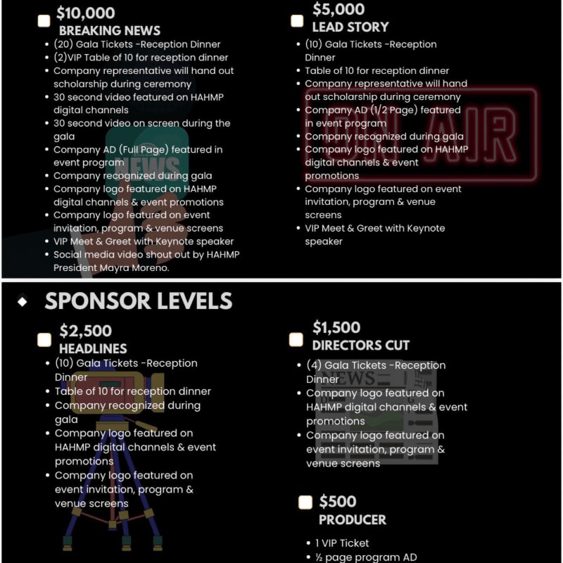 The foreground displays a list of sponsorship levels and their benefits, while the background features a blurred image with the word "AIR" in large, glowing letters.