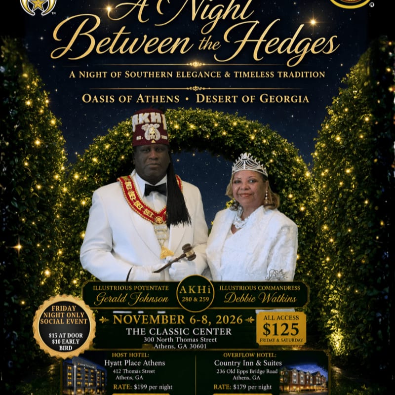 A formal event poster features a couple in regal attire in the foreground, set against a backdrop of lush greenery and event details.