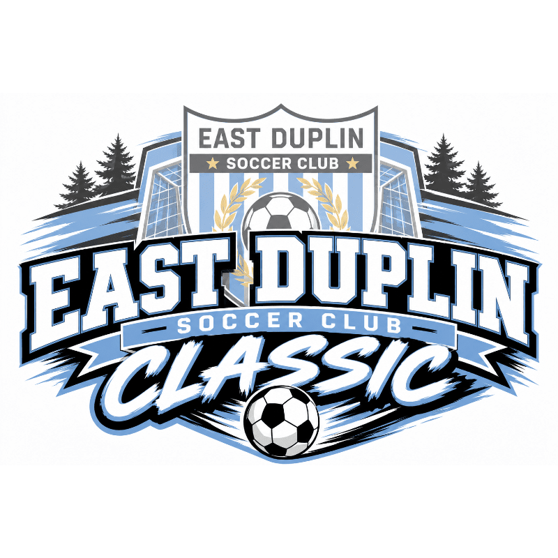 A soccer ball rests in the foreground before a stylized logo for "East Duplin Soccer Club Classic," set against a backdrop of a soccer goal and trees.
