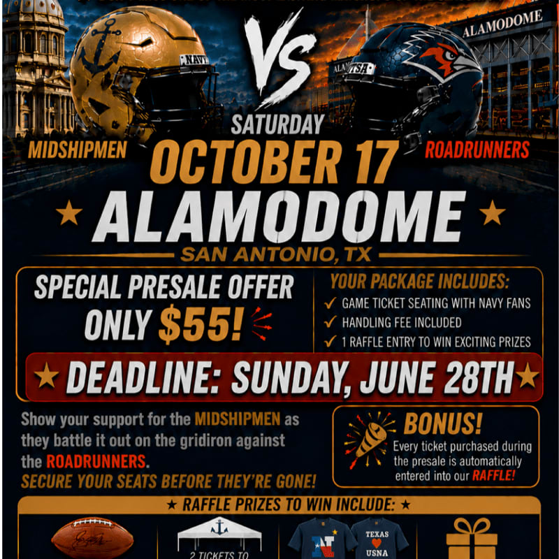 A football game poster advertises a presale offer for a game between the Midshipmen and Roadrunners at the Alamodome, with the foreground detailing ticket information and the background featuring helmets and the stadium.