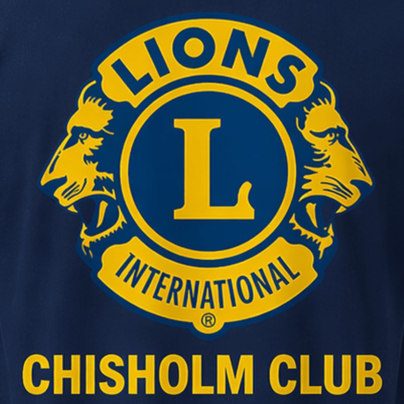 A circular Lions International logo with two lion heads is centered on a dark blue background, with "CHISHOLM CLUB" written in yellow text below it.