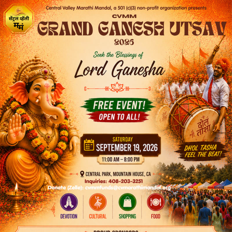 A vibrant poster for the CVMM Grand Ganesh Utsav 2026 features a large image of Lord Ganesha in the foreground and a lively crowd with musicians playing drums in the background.