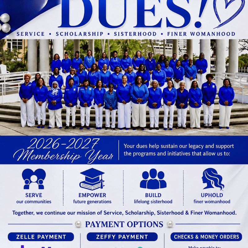 A group of women in blue tops and white pants stand in front of a building with columns, while the bottom of the image displays information about membership dues and payment options.