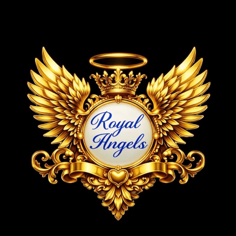 A golden emblem with wings, a crown, and a halo frames the words "Royal Angels" against a black background.