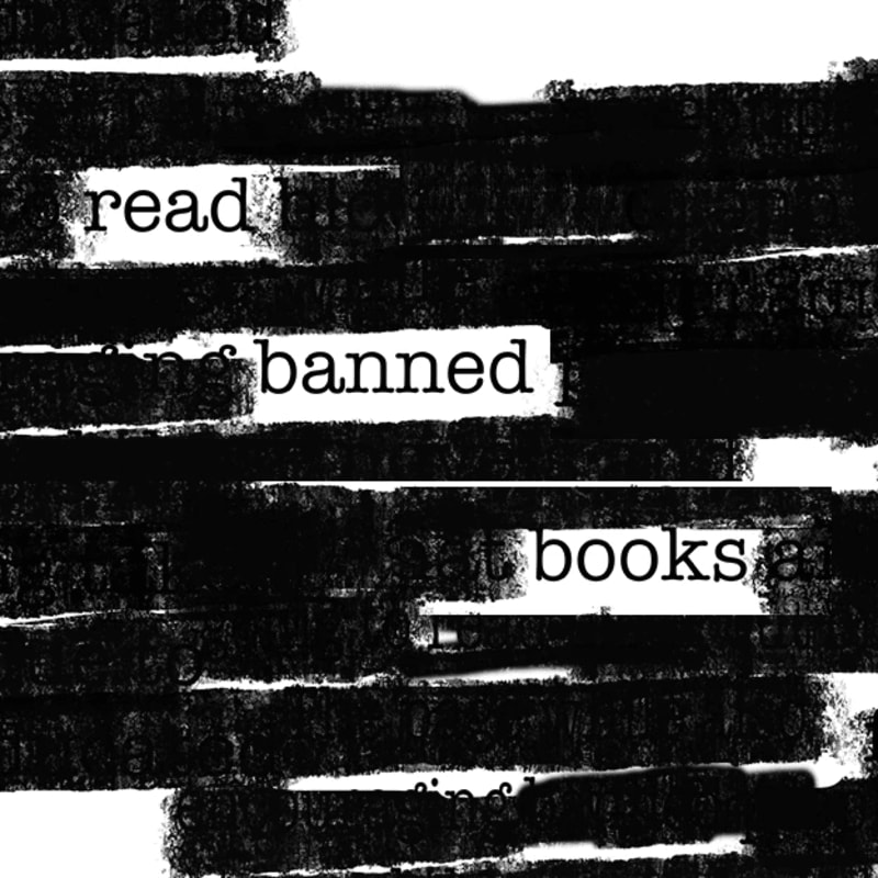 Black marker obscures text on a white background, revealing the words "read," "banned," and "books" in the foreground.