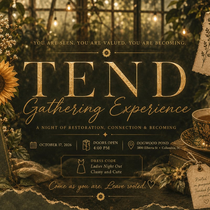 A rustic invitation for a "TEND Gathering Experience" features a sunflower and teacup in the foreground against a blurred background of greenery and string lights.
