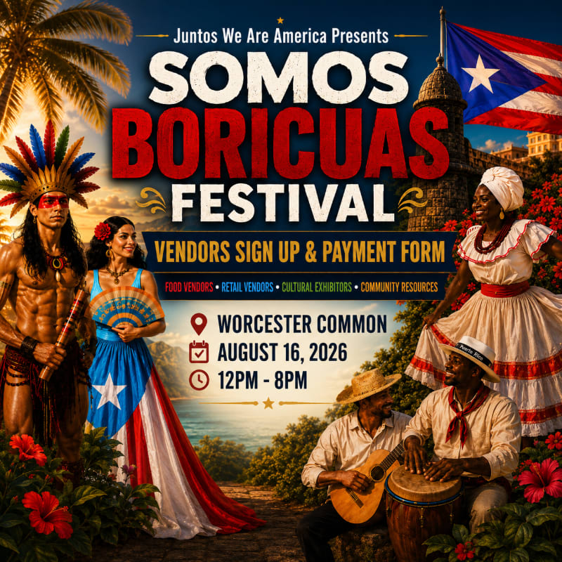 A vibrant festival poster features people in traditional attire in the foreground against a backdrop of palm trees, a castle, and the Puerto Rican flag.