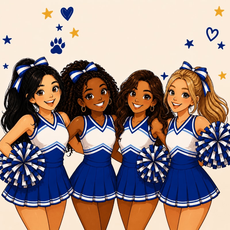 Four smiling cheerleaders in blue and white uniforms with pom-poms stand against a light background adorned with blue stars and paw prints.