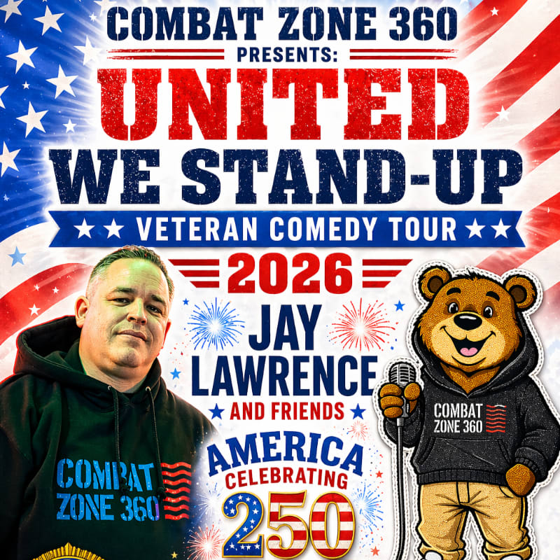 A man and a cartoon bear stand in front of a patriotic background with text advertising a veteran comedy tour.