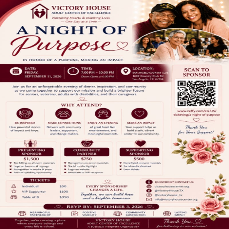 A flyer for "A Night of Purpose" event by Victory House Adult Center of Excellence features a smiling older couple in the background and event details in the foreground.