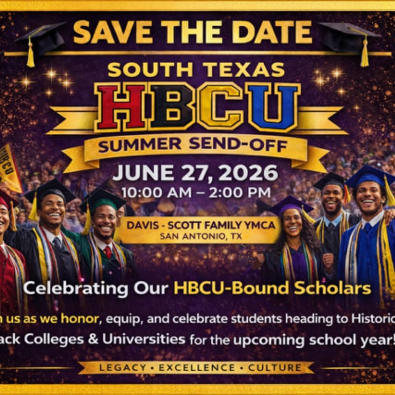 A group of smiling graduates in caps and gowns are featured in the foreground, with the "Save the Date" announcement for the South Texas HBCU Summer Send-Off event in the background.