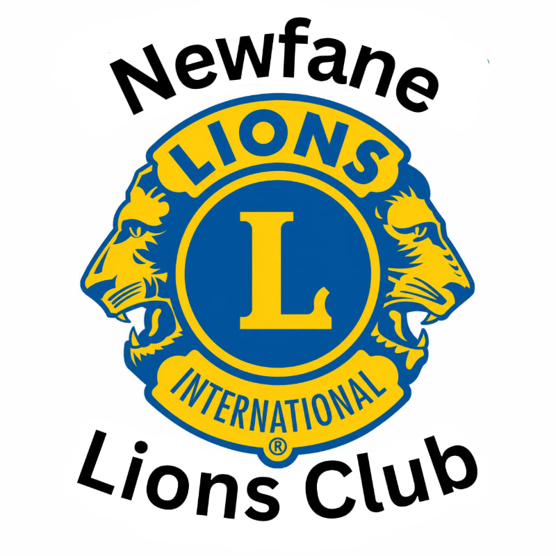 The foreground features the Newfane Lions Club logo with two lion heads flanking a blue circle containing a yellow "L", while the background is a plain white.