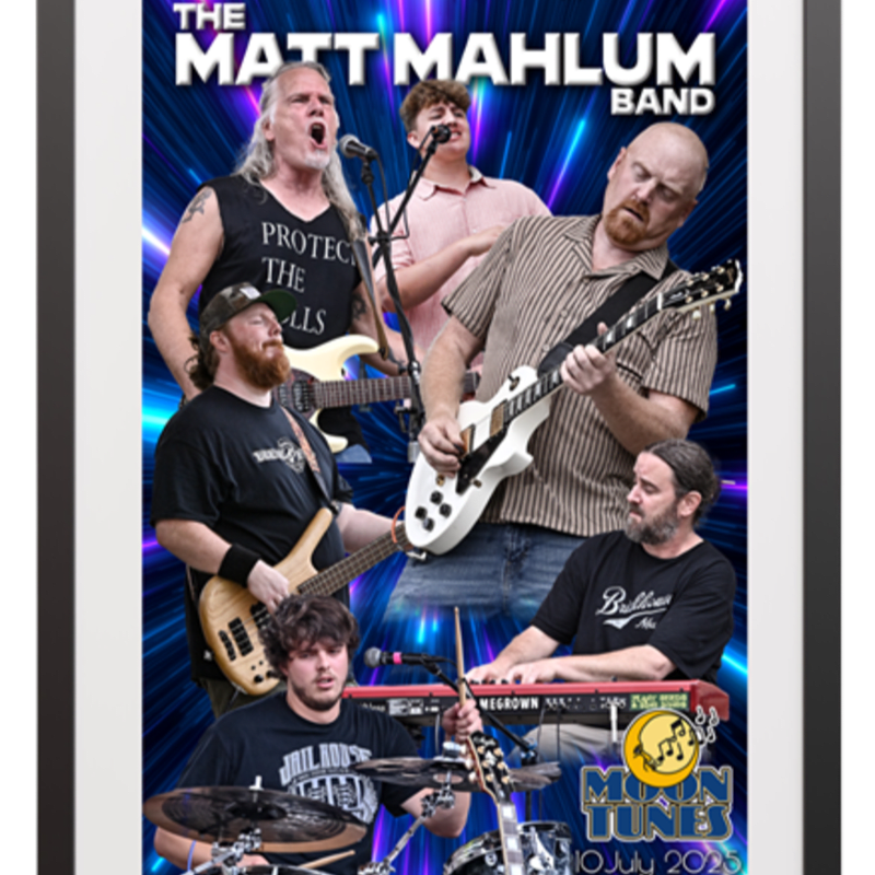 A band of five musicians plays their instruments in front of a vibrant, abstract blue and purple background with streaks of light.