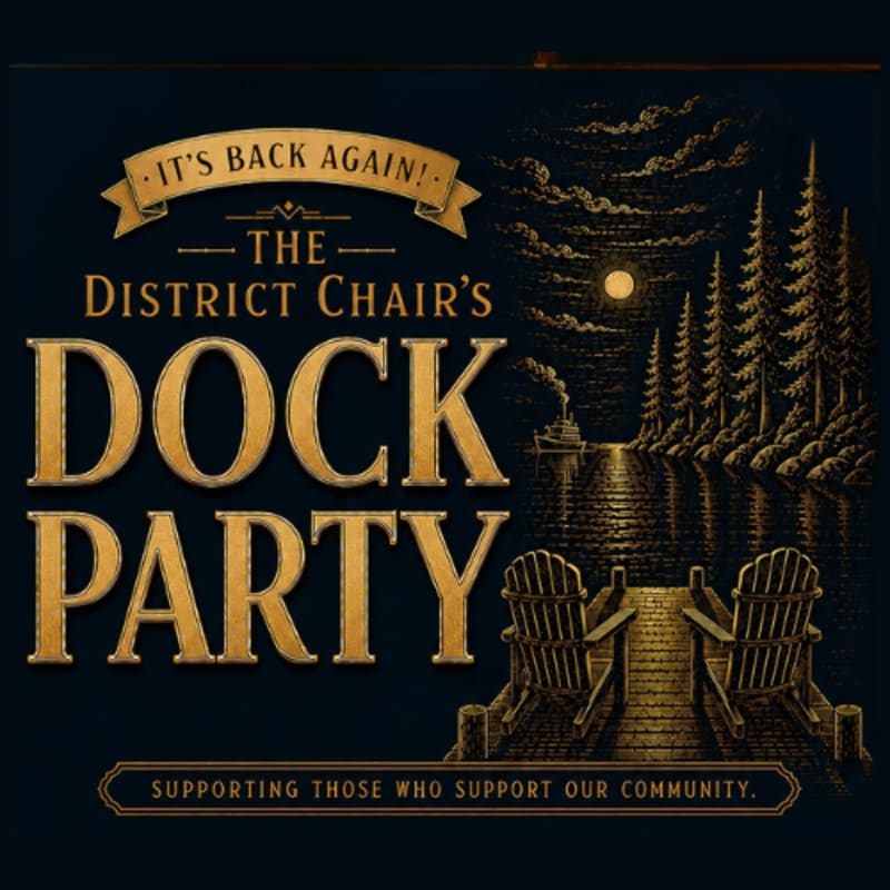 Two Adirondack chairs sit on a dock in the foreground, facing a moonlit lake with a steamboat and pine trees in the background, all under a banner announcing "The District Chair's Dock Party."