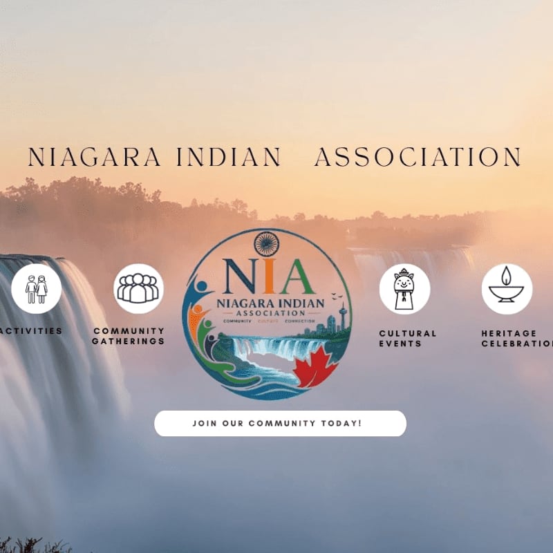 A serene sunset over Niagara Falls serves as the backdrop for the Niagara Indian Association's logo and community event icons.
