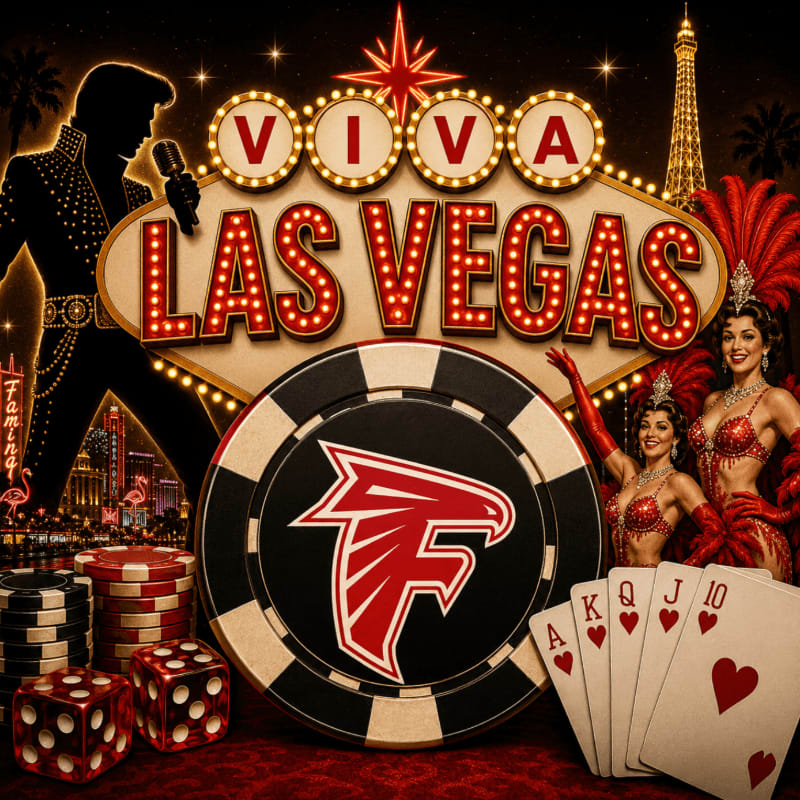 A silhouette of Elvis Presley stands to the left, with stacks of chips and dice in the foreground, while a "Viva Las Vegas" sign and showgirls are set against a backdrop of the Eiffel Tower and palm trees.
