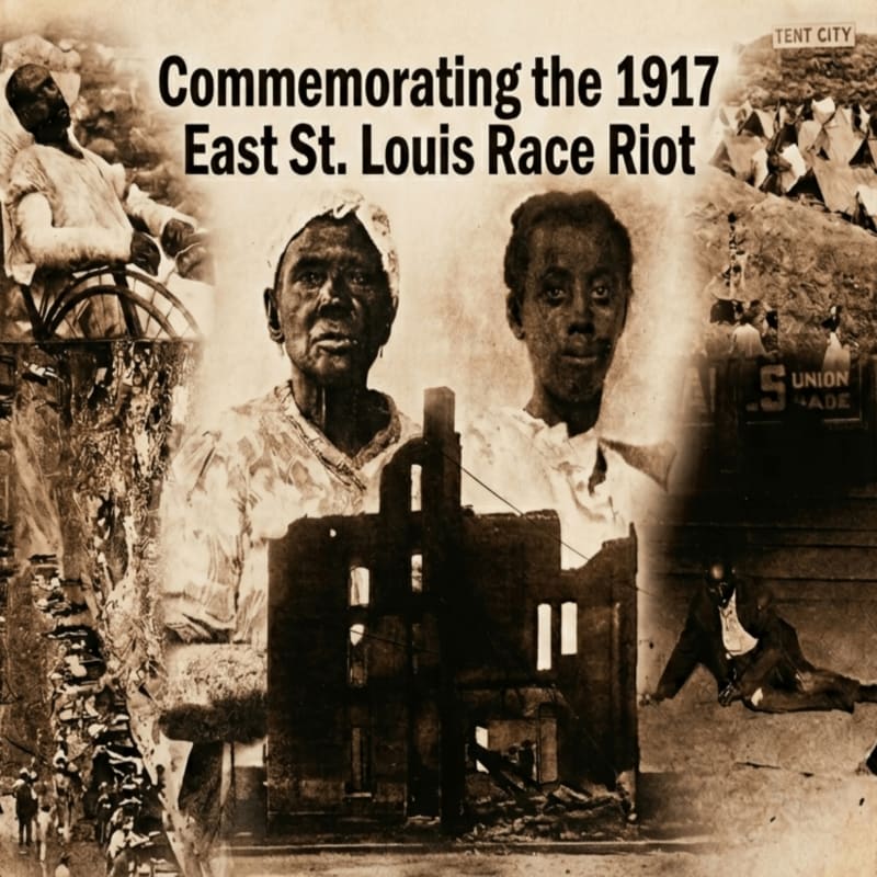 A collage of historical images, including two women in the foreground and scenes of destruction and unrest in the background, commemorates the 1917 East St. Louis Race Riot.