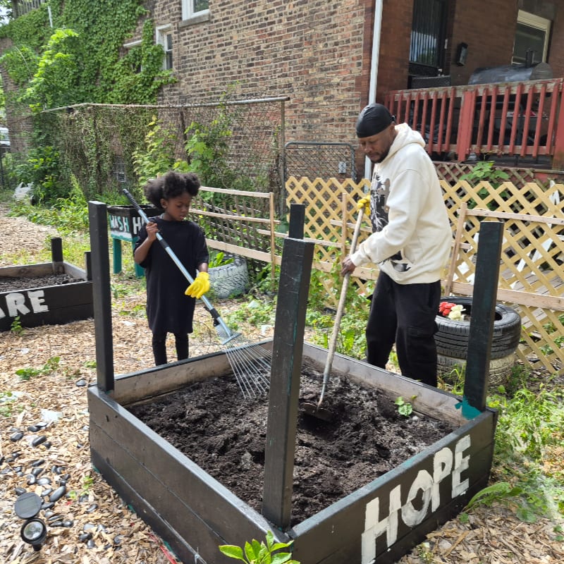 A man and a child work in a raised garden bed in the foreground, while a brick building and a wooden fence are visible in the background.