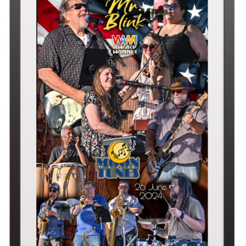 A collage of musicians performing, with a patriotic background featuring an American flag.