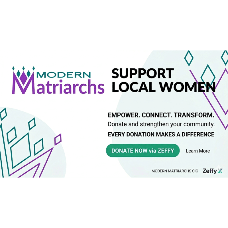 In the foreground, a green "Donate Now" button is visible, while the background features the "Modern Matriarchs" logo and the text "Support Local Women."
