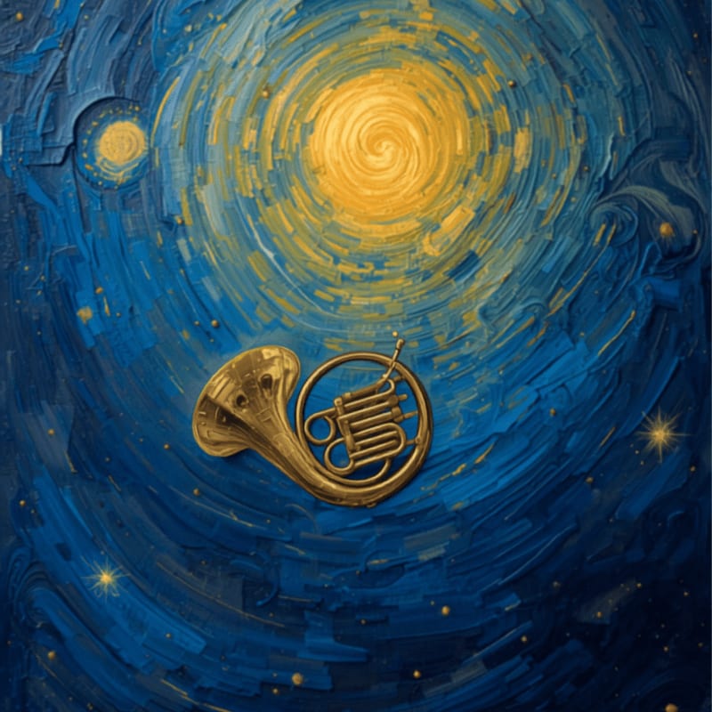 A golden French horn floats in a swirling, starry night sky reminiscent of Van Gogh's "Starry Night."