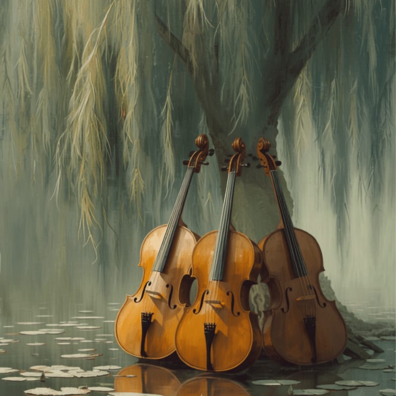 Three cellos stand beneath a weeping willow tree, their reflections shimmering on the water's surface dotted with lily pads.