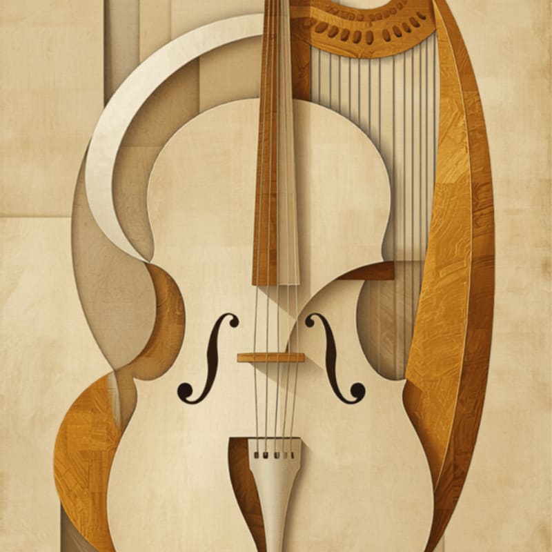 A stylized cello with wooden accents is presented against a textured, parchment-like background.