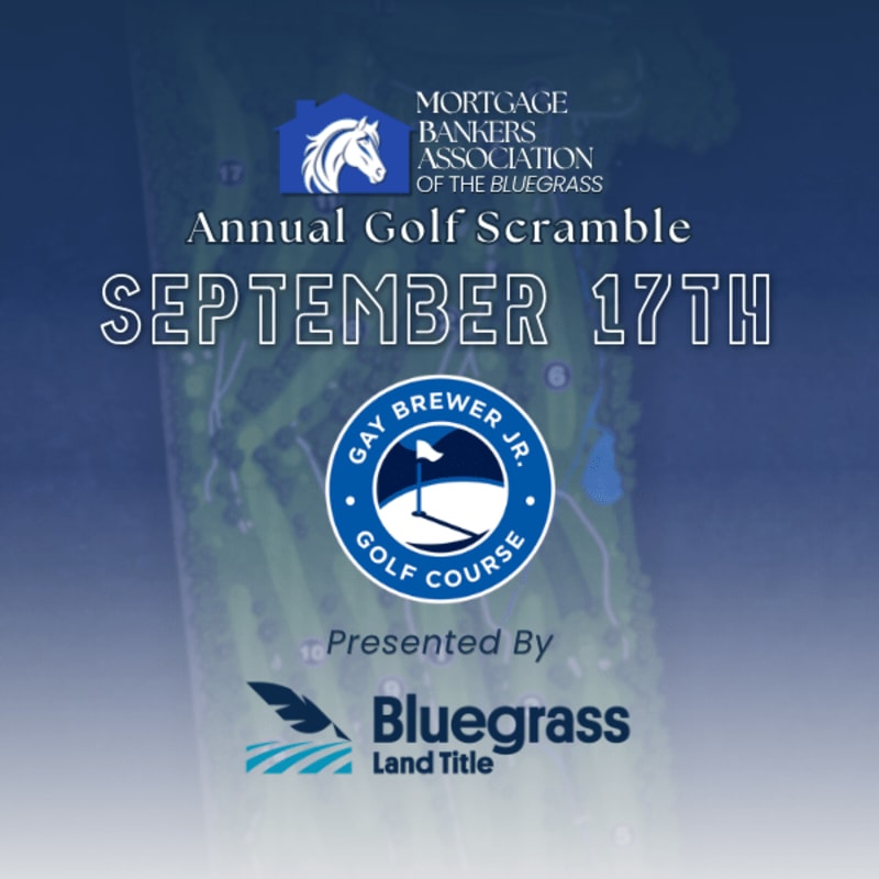 A golf course aerial view forms the background for an announcement of the Mortgage Bankers Association of the Bluegrass's Annual Golf Scramble on September 17th, presented by Bluegrass Land Title.