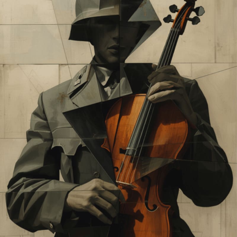 A stylized figure in a military uniform holds a violin against a textured, geometric background.
