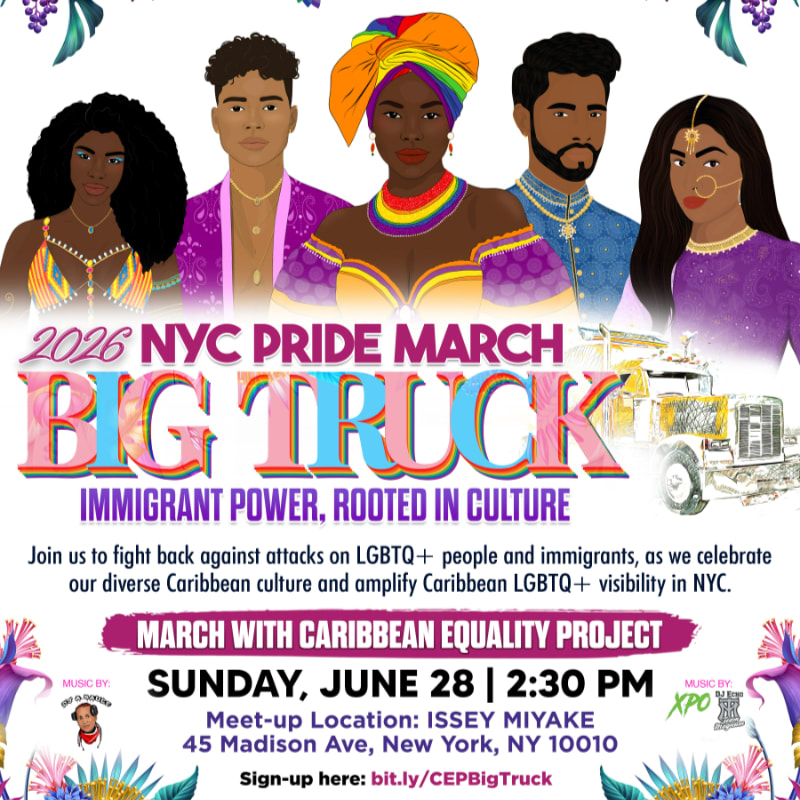 A vibrant poster for the 2026 NYC Pride March features a diverse group of people in the foreground and a stylized truck in the background.
