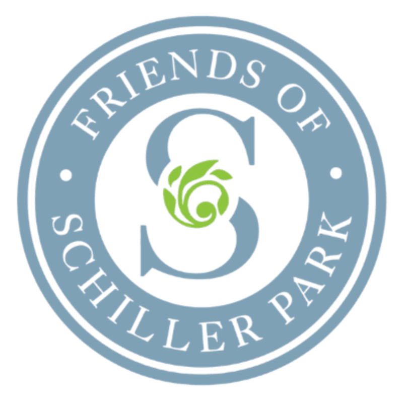 A light blue circular logo with the words "FRIENDS OF SCHILLER PARK" encircling a large gray "S" adorned with a green leafy swirl in the foreground, set against a white background.