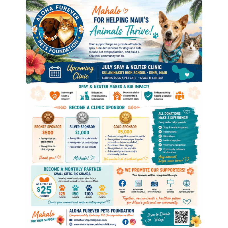 A colorful flyer for Aloha Furever Pets Foundation features dogs and cats in the foreground, with tropical flowers and palm leaves framing the top, while the background details clinic information, sponsorship levels, and donation options.