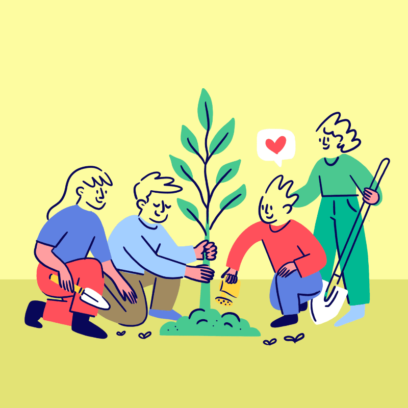Four people are planting a tree in the foreground, with a yellow background.