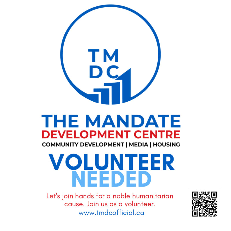 A blue and white graphic advertises for volunteers for The Mandate Development Centre, with a QR code in the background.