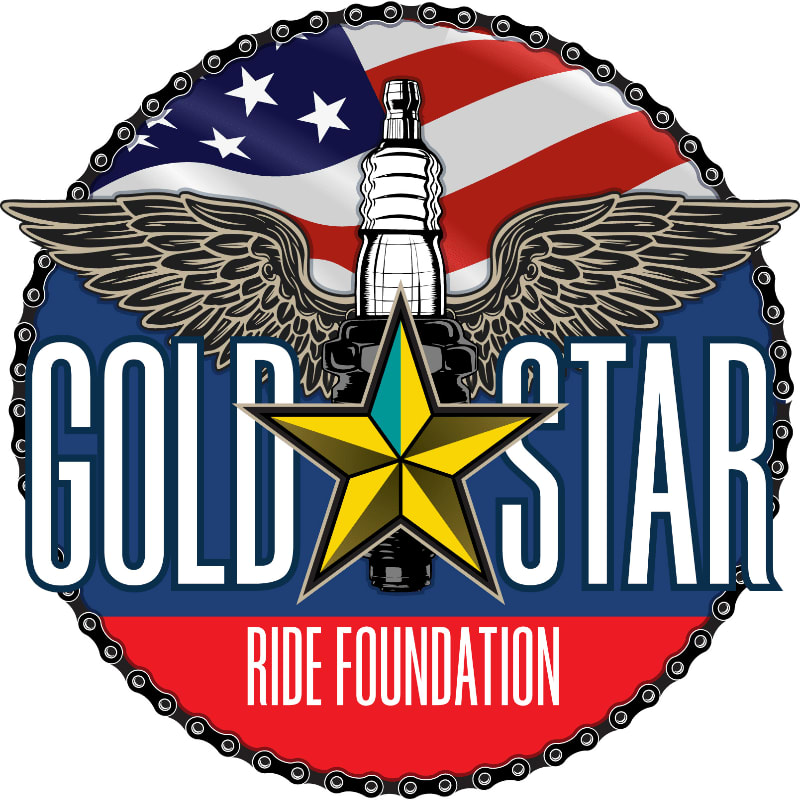 A motorcycle chain forms a circle around a logo featuring a spark plug with wings, an American flag, a gold star, and the words "GOLD STAR RIDE FOUNDATION."