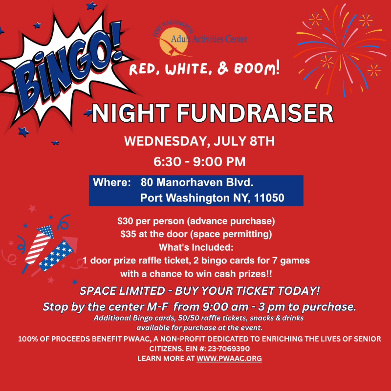 A red, white, and blue flyer advertises a "Bingo! Night Fundraiser" with fireworks in the background and American flag motifs in the foreground.
